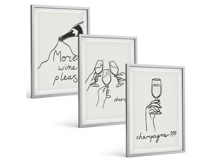 BILDER SET 3er Set - 40x60 cm Silberner Rahmen - Champagner-Wein-Linienzeichnung
