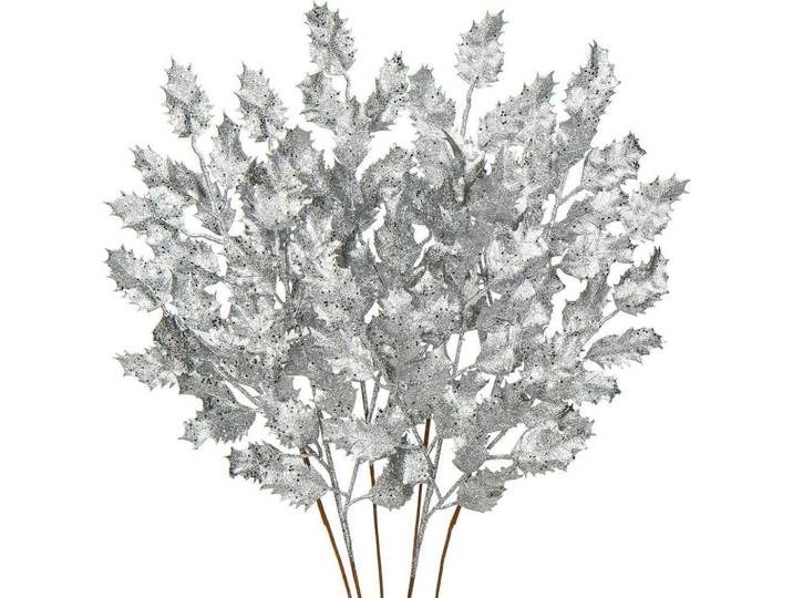 Kunstzweig 6-teiliges Set Glitzernde Eichenblätter 58 cm Silber, Silberfarben, Kunststoff, 58.4 cm, Dekoration, Blumen & Blumentöpfe, Kunstblumen