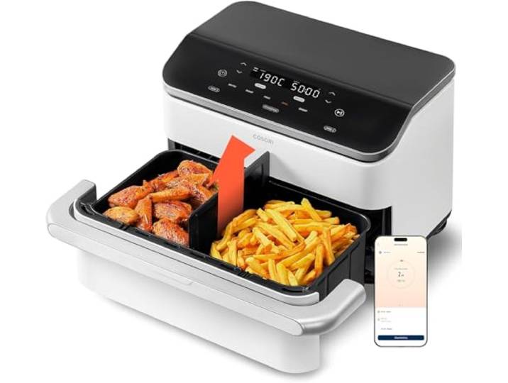 COSORI Air Fryer 10 l Twinfry, Fritteuse ohne Öl, 5-in-1, Dual Zone Airfryer mit abnehmbarem Trenner, doppelter Widerstand, großes Fassungsvermögen, optimales Kochen, 40 ℃-240 ℃, Smart Steuerung über