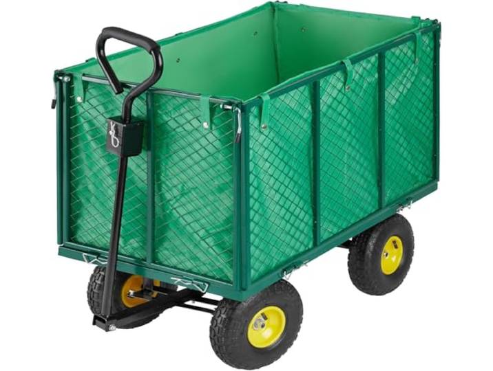 tectake® Chariot de Transport XXL Chariot à roulettes de Jardin Remorque à Main Charrette à Bras Capacité 544kg avec Parois latéraux rabattables & Bâche pour Bois de Chauffage Plage Pêche Camping