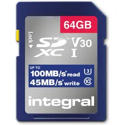 Integral INSDX64G-100V30 64GB SD CARD SDXC UHS-1 U3 CL10 V30 UP TO 100MBS READ 45MBS WRITE UHS-I (64 GB, SD, SDXC, U3, UHS-I), Speicherkarte, Schwarz