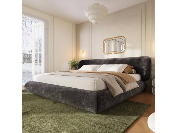 BXEYXE 160 x 200 cm Bett, Polsterbett, Doppelbett, Jugendbett mit Lattenrost & Kopfteil, abgerundete Ecken, hochelastischer Schaumstoff, hautfreundlicher Chenille, Holzgestell, Grau (ohne Matratze)