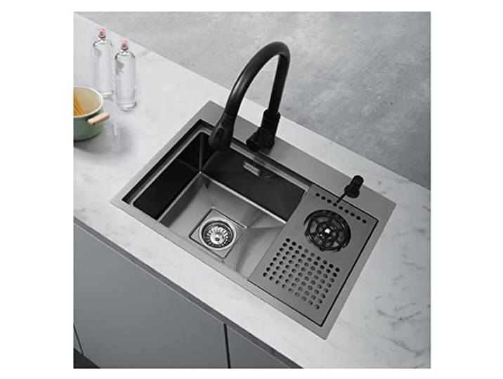 Küchenspüle Mit Gläserspüler,Edelstahl-Arbeitsplatz-Bar-Spüle, Mit Tassenwascher-Sprühspüler Für Hotel Cafe Restaurant (Color : Black-B, S : 52x39x21cm)