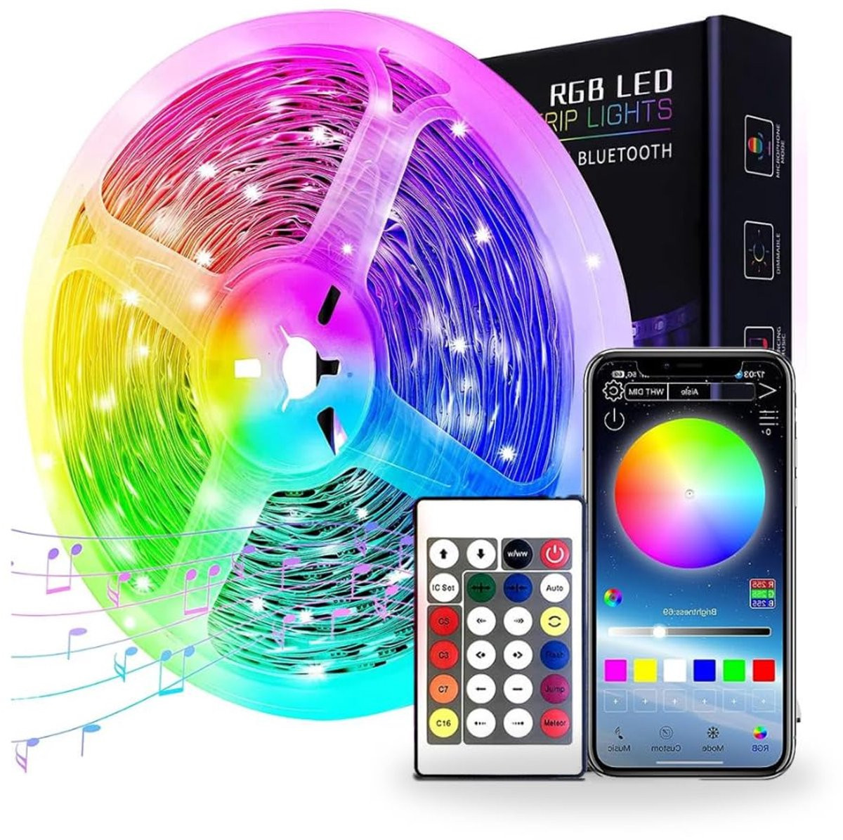 RGB LED strip van 10 meter met afstandsbediening en 16 modi voor tv-achtergrondverlichting, multicolor