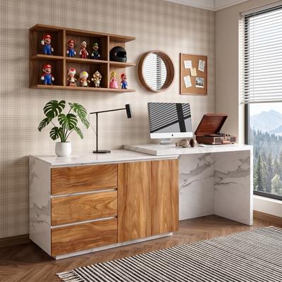 Unbrand 95'' Extendable Writing Desk Modern Home Office Expandable Dresser Desk with Storage Drawers and Cabinet