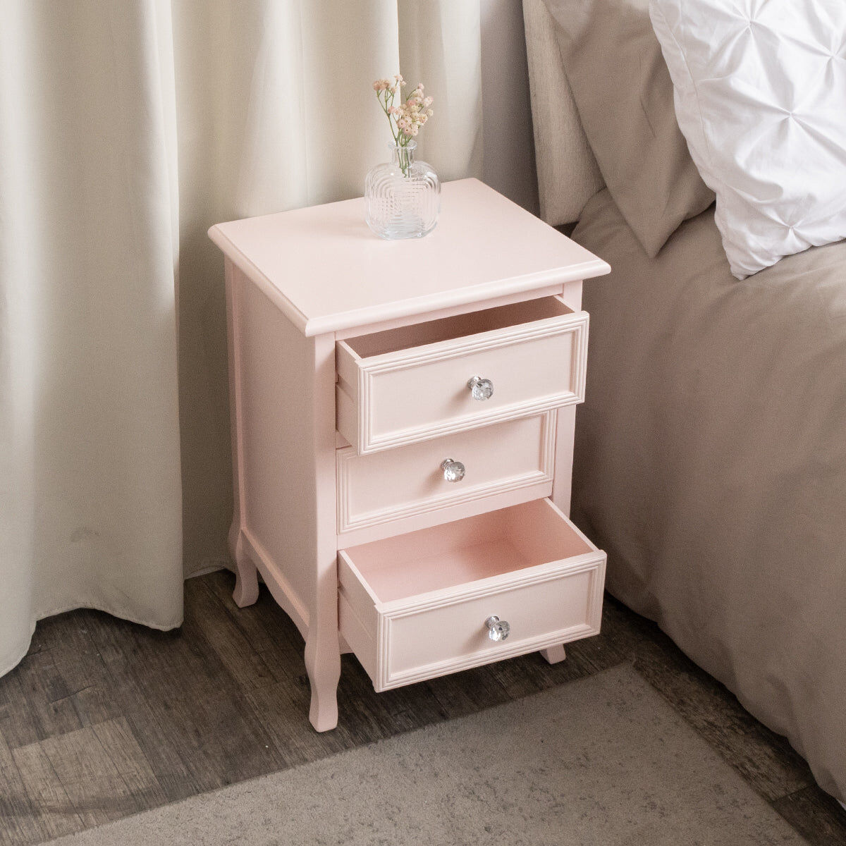 Pink 3 Drawer Bedside Table - Sophia Pink Range Wood, Resin, Metal