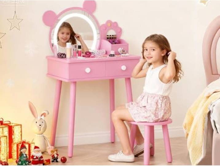 Garvee Kinder-Make-Up-Tisch Set Mit Bärenspiegel – Weißer MDF-Schminktisch Mit Blütenhocker & 3-Farben-Spiegel, 64x47x19 cm Spieltisch Für Mädchen, Praktischer Kinder-Schminktisch Für Schlafzimmer