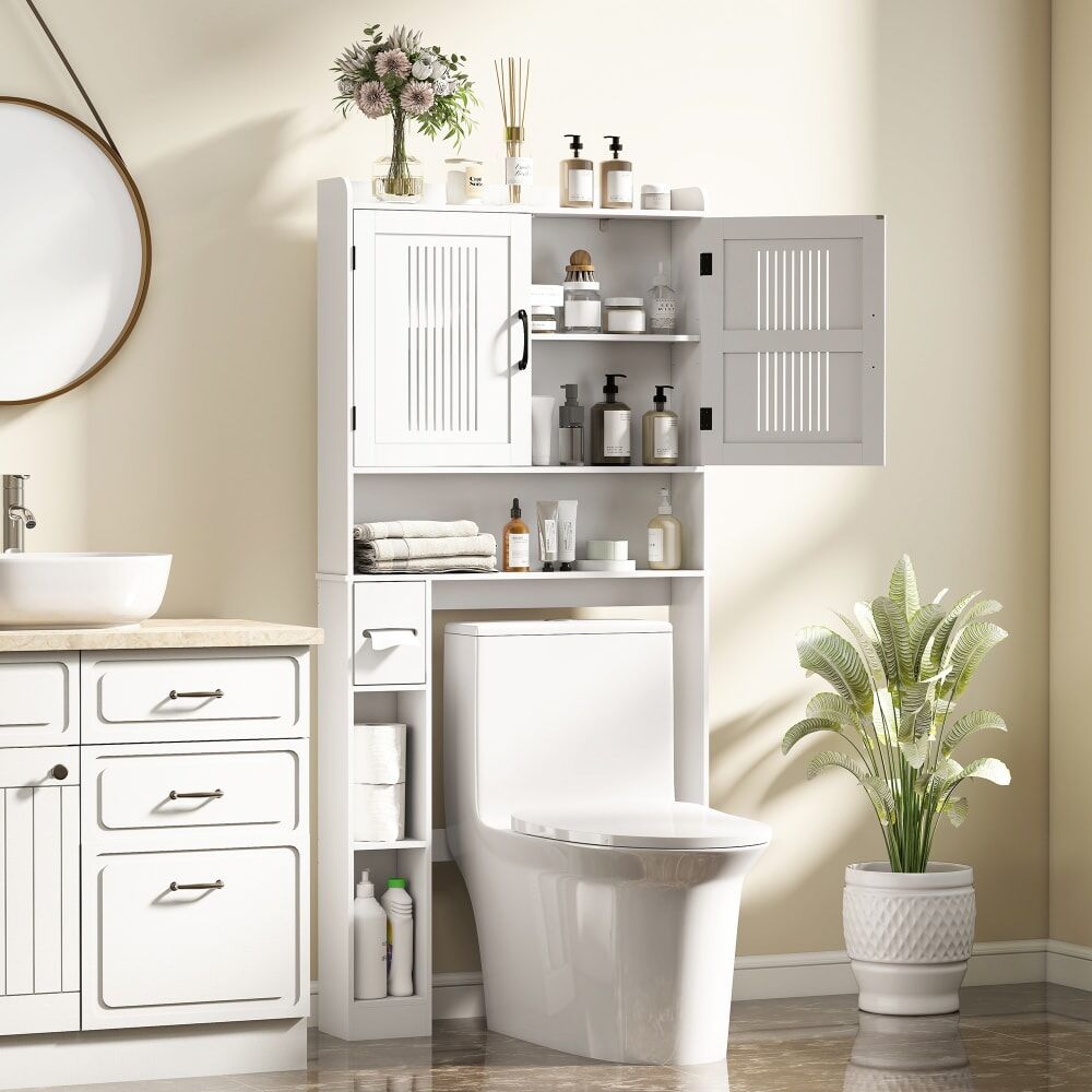Homcom Meuble wc dessus de toilette étagère réglable porte-papier mdf blanc Blanc 80x170x20cm