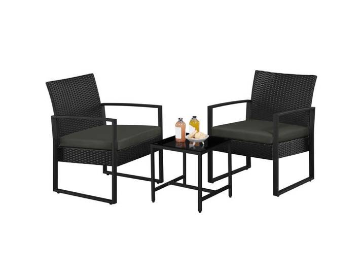 Salon de Jardin - Yaheetech - Ensemble de 1 Table et 2 Chaises - Résine Tressée Noir/ Gris