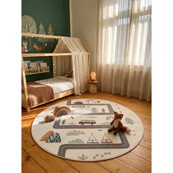 Kinderteppich Straßenkarte Abenteuer Creme 200x200 cm Waschbar