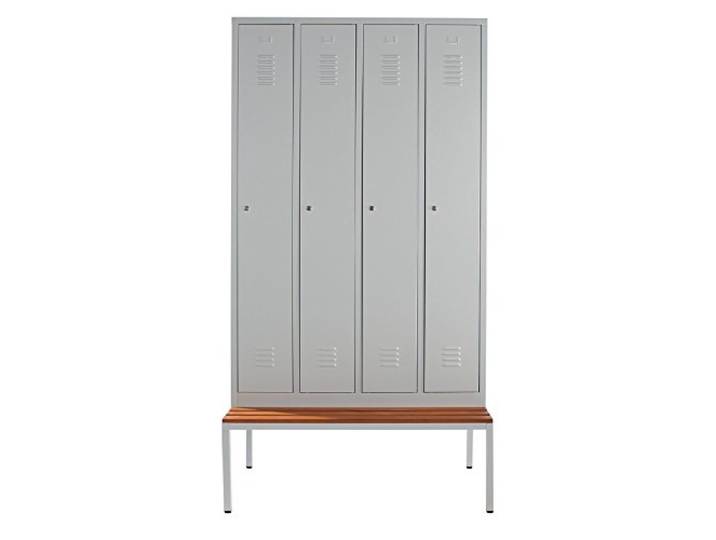 Schrank & Stuhl Spind – Metallspind mit 4 Abteilen und Sitzbank 30 cm Abteilbreite, Lieferung komplett montiert RAL 7035 lichtgrau