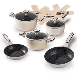 STONELINE® Creme Kochgeschirr-Set 11-teilig mit Deckeln, beschichtete Töpfe & Pfannen