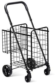 Costway Folding Shopping Cart Basket Rolling Trolley with Adjustable Handle-Black