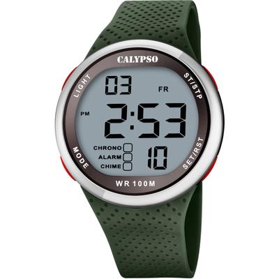 Chronograph CALYPSO WATCHES "Color Splash", grün (olivgrün), Armbanduhren, Herren, silberfarben-grün, Chronograph, Armbanduhr, Quarzuhr, Herrenuhr, digital, Datum, Stoppfunktion