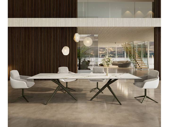 Esstisch Edge 300x100 Keramik Calacatta Luxe Weiß-Gold-Grau Estelar rund Metall Effektfinish Titan, Esstische