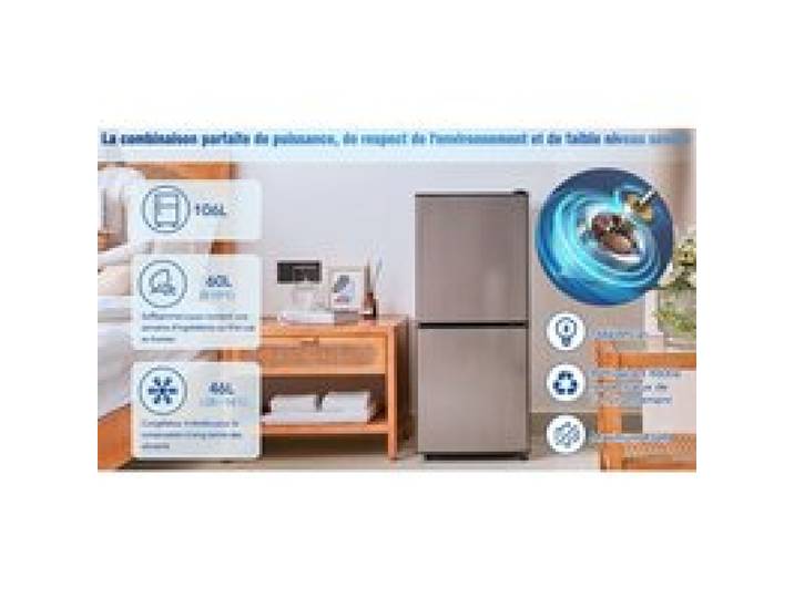 Réfrigérateur combiné 106L – 60L réfrigérateur / 46L congélateur – Classe E – Noir et argent