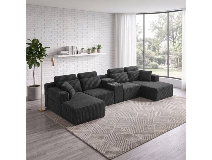 Canapé Panoramique en U - 373x150x81cm - Canapé Modulaire Velours Côtelé avec Porte-Gobelets Assise Profonde - Gris