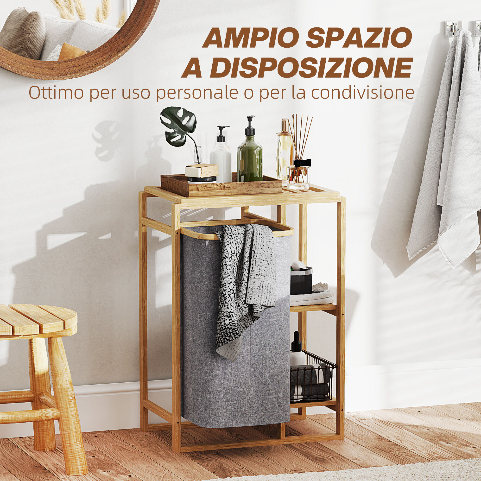 Altro Cesto Portabiancheria Con Borsa Estraibile E Ripiani A Doghe In Bambù, 50x32x70 Cm, Grigio
