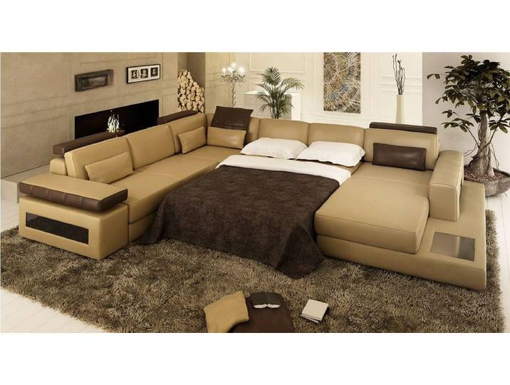 JVmoebel Wohnlandschaft Ecksofa U-Form in Hellbraun aus Polsterstoff mit Ottomane, Made in Europa
