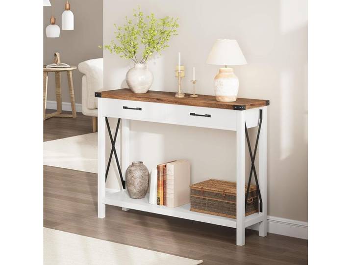 Console - PROMIRACAL - Table d'entrée - Bois massif - 2 tiroirs - 110x30x76CM - Blanc