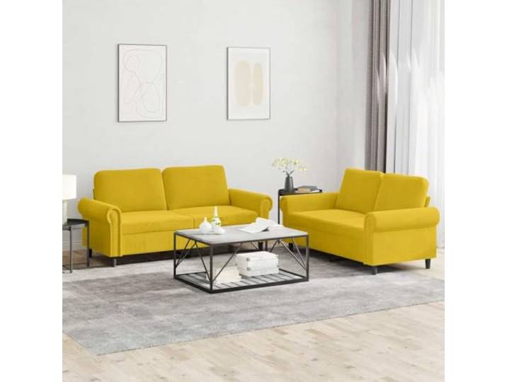 HEFZGDB 2-TLG. Sofagarnitur mit Kissen Gelb Samt, Weicher Velours Stoff und Robustes Metallgestell für Langlebigkeit, Bequeme Polsterung und Stabiles Sitzgefühl, Ideal für Wohnzimmer