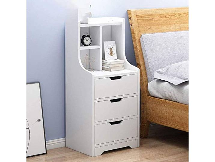 Nachttisch, Beistelltisch mit offenem Fach und DREI Schubladen, Couchtisch für Zuhause, Couchtisch, Schreibtischregal, geeignet für Nachttisch im Wohnzimmer/Schlafzimmer