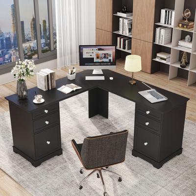 M&H Furniture Farmhouse L Shaped Executive Desk Home Office Desk with File Drawer
