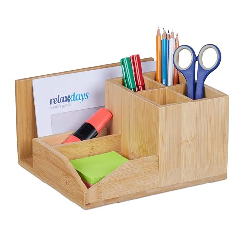 Relaxdays Pennenbak bamboe met 7 vakken, beige/bruin, H x B x D: 11 x 21 x 19 cm