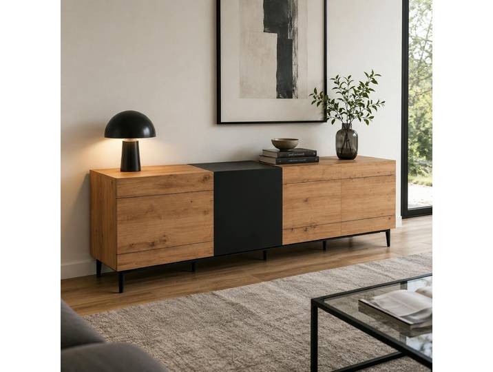Buffet Moderne 4 Portes Décor Bois Et Noir Alva