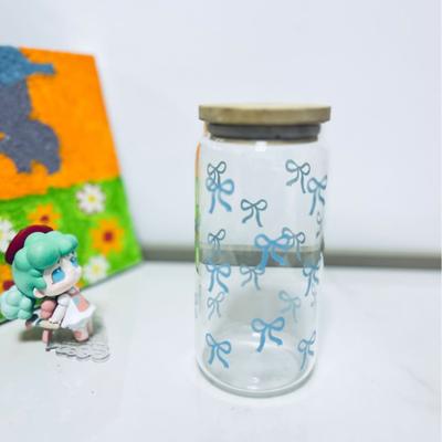 Multicon Wholesale Hub Cherry Bow Glass Tumbler Mason Jar Style Water Bottle With Lid Straw For Iced Coffee Juice blue Bow