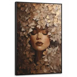 LEINWAND Bilder mit Rahmen - Gesicht - Dame - Blätter - Pinselstriche - 90x140