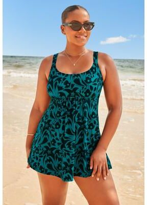 Plus Size Women's Flared Two-Piece Swimdress by Swimsuits For All in Black Mediterranean Flowers (Size 18)