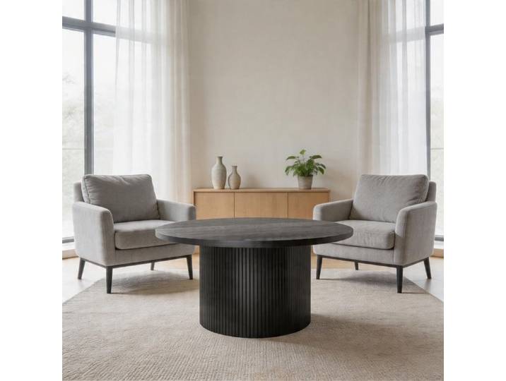 Table basse - PAGE LIVING - Campagne française - Rond 90×90×45 cm - Noir - Bois massif