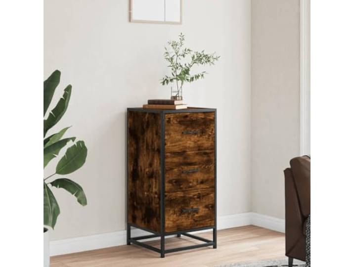 KTHLBRH Anrichte Eiche Rauch 35,5 x 35 x 76 cm Spanplatte 3 Schubladen, Tür, Metallrahmen, Schrank Behälter, stabil und langlebig