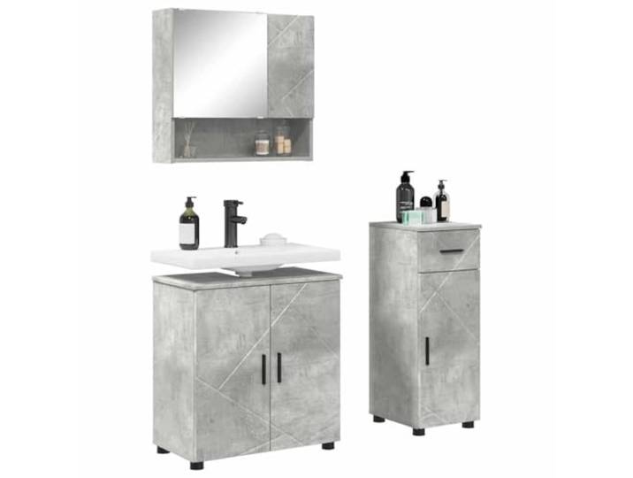 KTHLBRH Badezimmermöbel-Set mit Schublade, 3-teilig, Grau Beton Minimalistisches Design, Details aus schwarzem Metall, Schrank mit Tür, Wandschrank