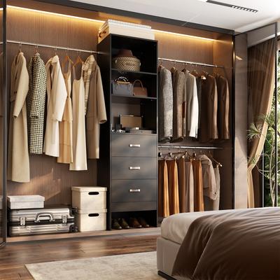 Rackcog 20.2'' - 96'' W Closet Organizer with Drawers, Closet System with Hanging Rods and Adjustable Shelves
