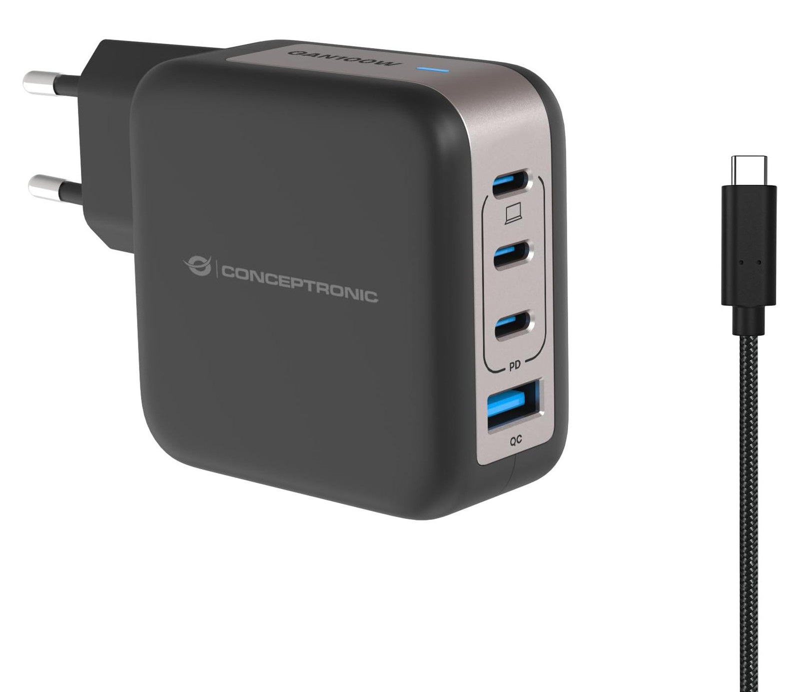 Conceptronic ALTHEA18B lader met 4 poorten, 100W, 3x USB-C en 1x USB-A, 1,5 meter, zwart