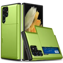 Schutzhülle für Samsung Galaxy S22 Ultra Grün Handyhülle Schutztasche Case Cover Tasche Transparent Smartphone Bumper (Kartensteckplatz-Kreditkarte-Geldscheine)