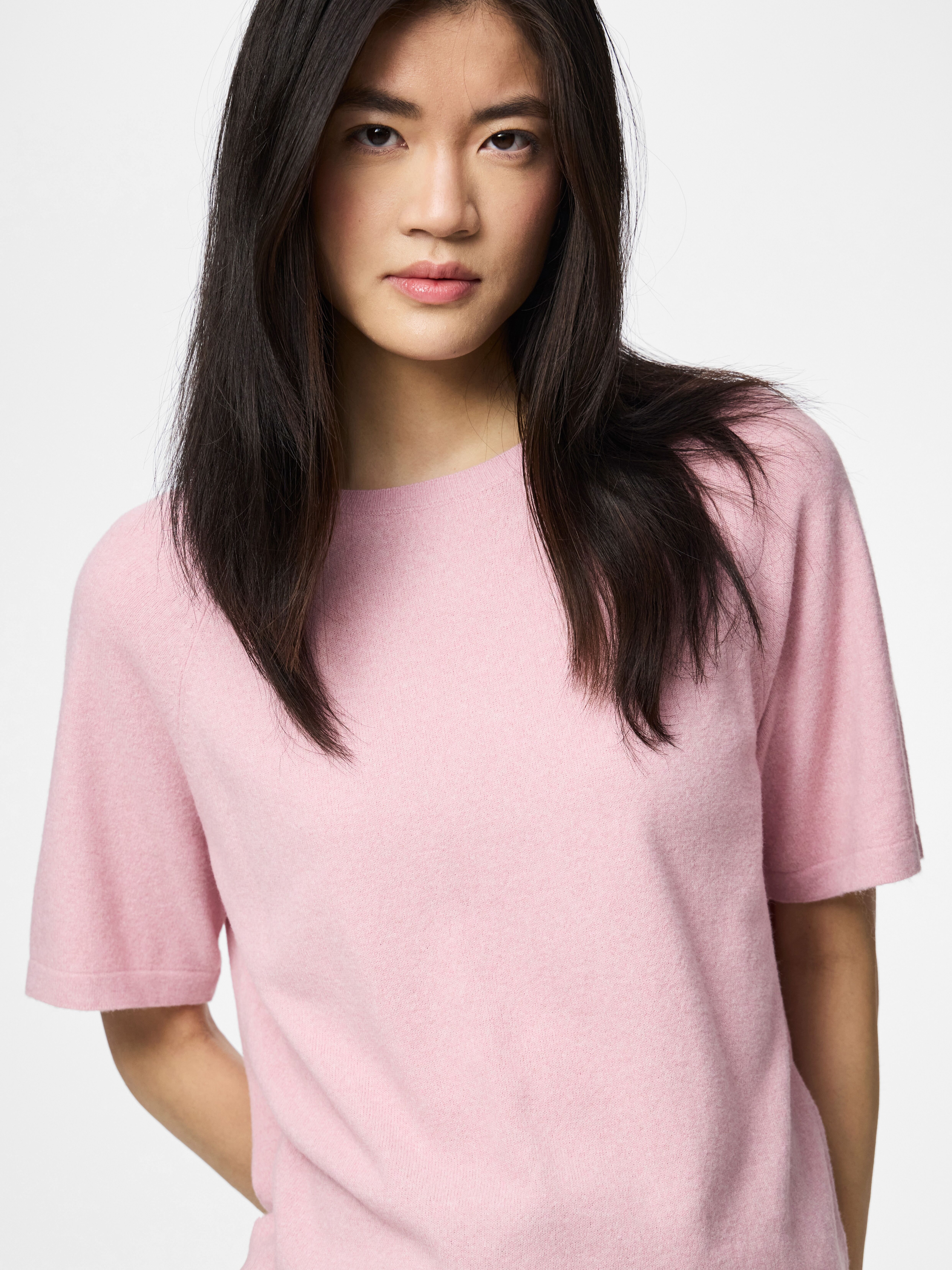 Kurzarmpullover PIECES "PCBREE SS O-NECK KNIT NOOS BC", Damen, Gr. S, roseate spoonbill detail:melange, Strick, Obermaterial: 80% Polyester, 20% Nylon, meliert, regular fit normal, Rundhals, Pullover Kurzarmpullover, Materialmix, regular fit roseate spoon