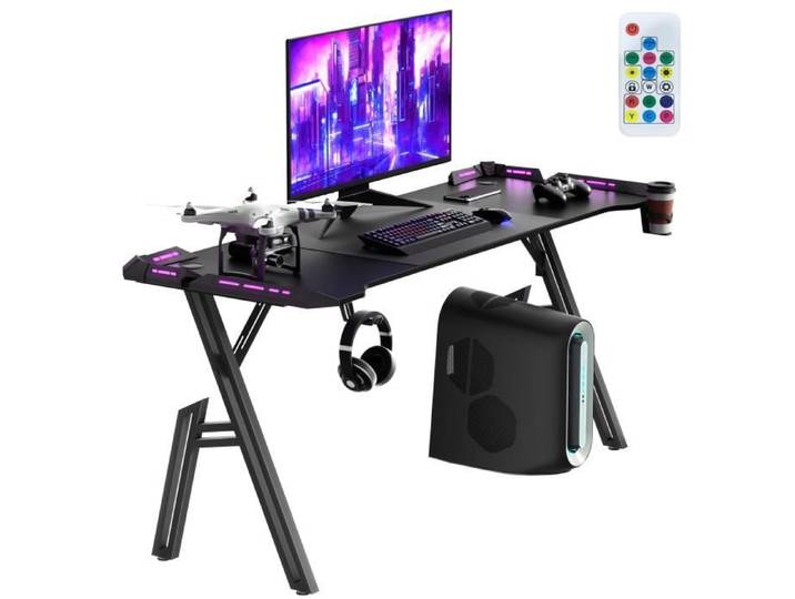 Bureau de gaming - AUFUN - 140 x 50 cm - LED - Ergonomique - Avec crochet et porte-gobelet