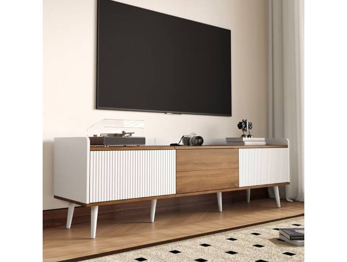 meuble rangement tv salon 160 cm trois portes bois blanc naturel design compact EVRYAE
