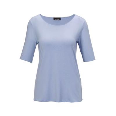 Langarm-Poloshirt GOLDNER "Kurzgröße Kombistarkes Halbarmshirt mit tonaler Zierkante", Damen, Gr. 25, blau (hellblau), Obermaterial: 90% Viskose CV. 10% Elasthan EL., Sonstiges, Shirts, Tonale Zierkante