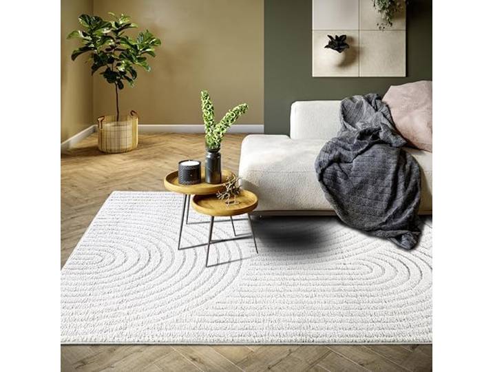 Elle Decoration Panglao moderner Kurzflor Teppich - Wohnzimmerteppich Flauschig – Hoch-Tief Effekt Skandi Boho Geometrisch Wellen, Bogen - für Wohnzimmer, Schlafzimmer, Küche - Weiß, 120x170cm