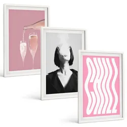 BILDER SET 3er Set - 40x60 cm Weißer Rahmen - Stilvolles Porträt, Champagner-Entspannung