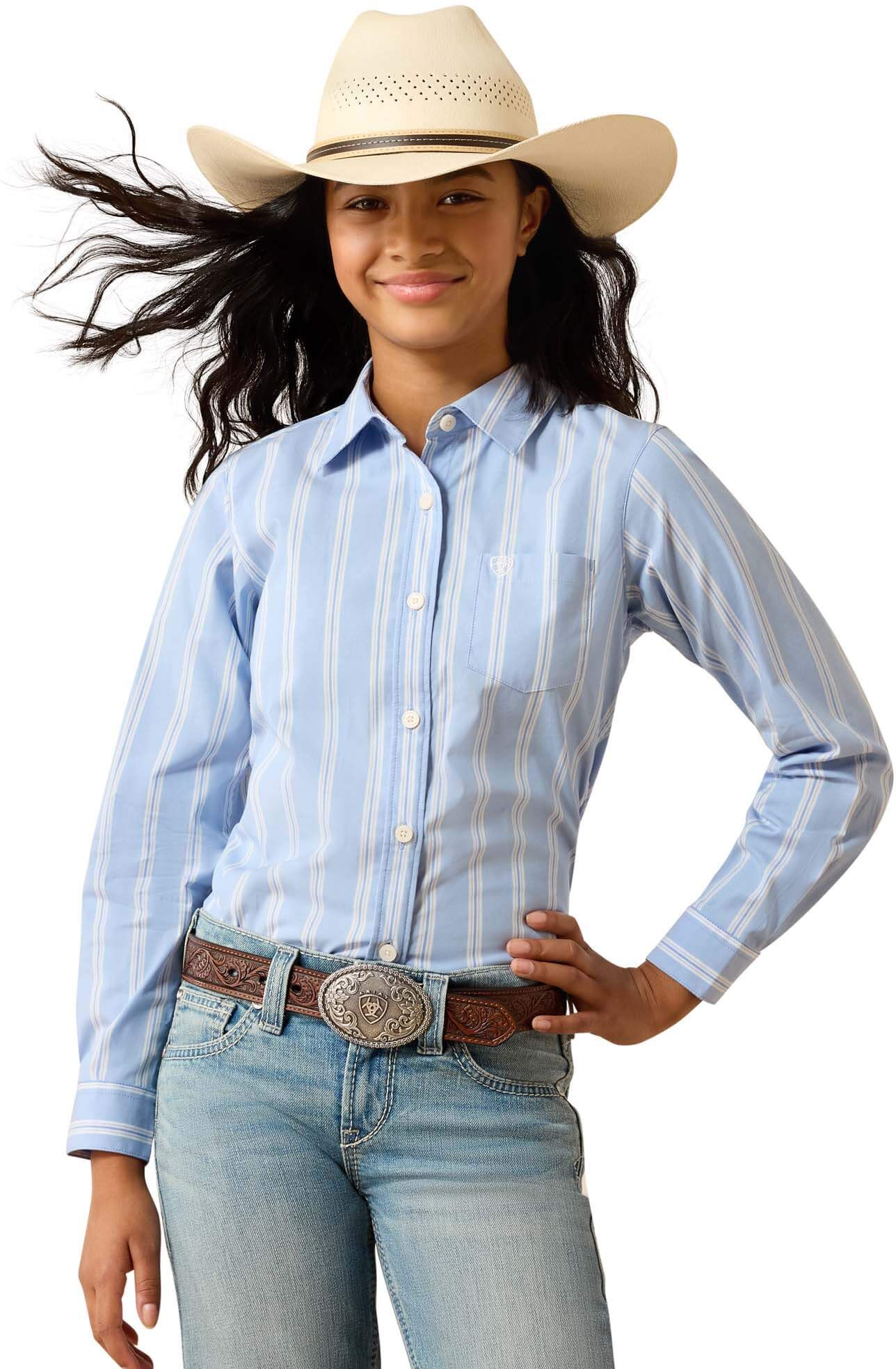 Kid's Kirby Shirt in Ashleigh Blue Stripe, Size: XS by Ariat
