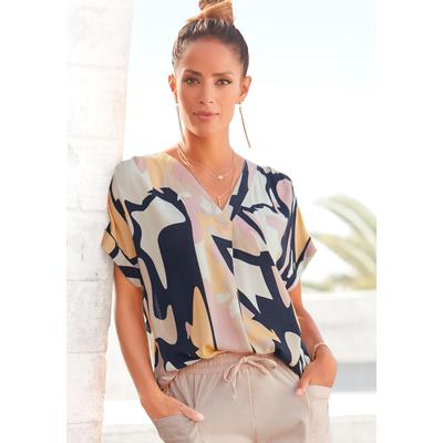 Druckbluse LASCANA "mit kurzen Ärmeln und Allover-Druck", Damen, Gr. 32/34, bunt (bedruckt), Web, Obermaterial: 100% Viskose, bedruckt, figurumspielend hüftlang, tiefer V-Ausschnitt, Aufschlag, Blusen Druckbluse, lockere Kurzarmbluse, bedrucktes...