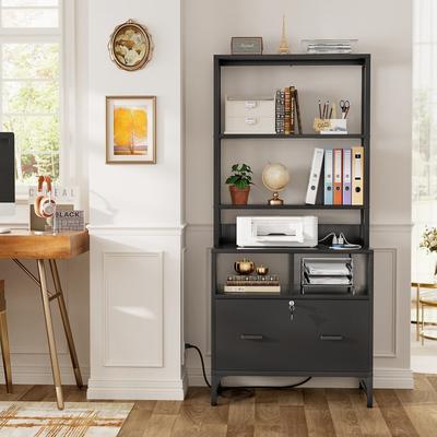 Rackcog 61''H Office File Cabinet with Locked Drawers and Hutch, Sideboard with USB Station and Hutch