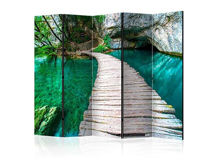 decomonkey Paravent Raumteiler Innen Brücke, 225x172 cm, 5-teilig, Wald Beidseitig, See, Wohnzimmer, Room Divider, Wall, Raumteiler Stehend, Trennwand, Sichtschutz, Spanische Wand, Sichtschutzwand