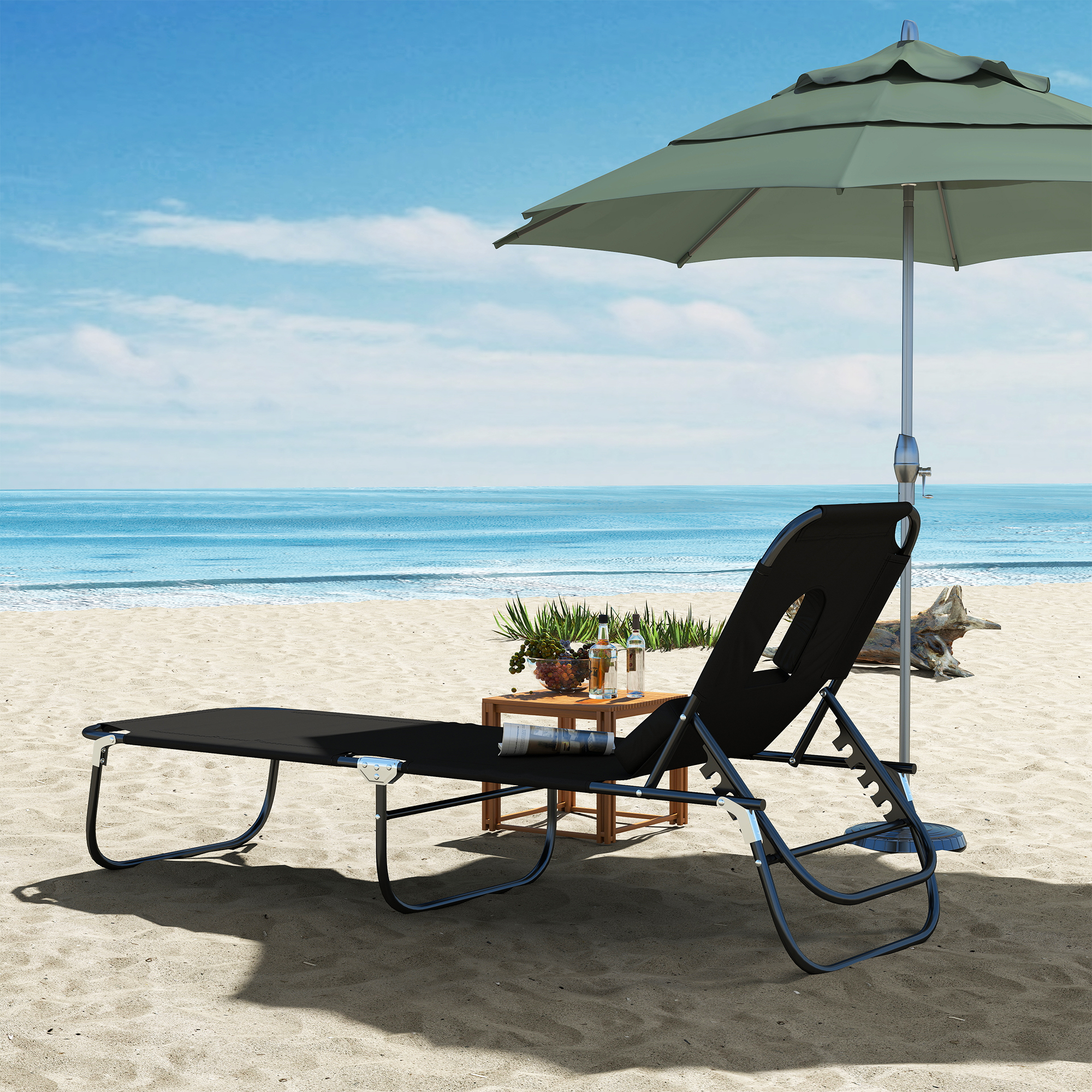 Outsunny Sdraio da Mare Pieghevole Reclinabile su 4 Livelli con Foro per Lettura, Sedia Sdraio Pieghevole, Sedia Sdraio da Giardino, Nero   Aosom Italy