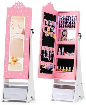 Costway Kids Jewelry Armoire Freestanding Jewelry Cabinet with 3-Color Lighted Full Length Mirror-Pink
